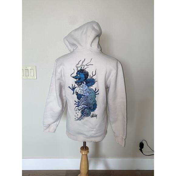 Stussy Hoodie Sweatshirt Cream Dragon Cut Neck Small Unisex - Picture 1 of 7
